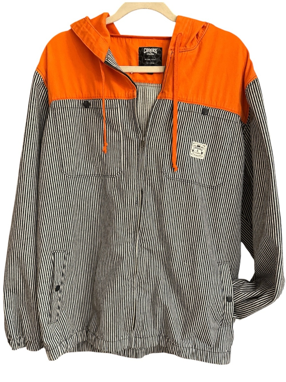 Crooks & Castles Y2K Black & White Pinstripe Jacket with Orange Hood Streetwear
